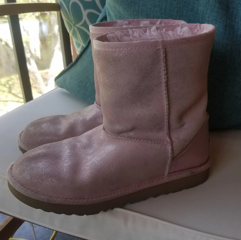 UGG classic short pink shimmer metallic sheepskin fur leather boots